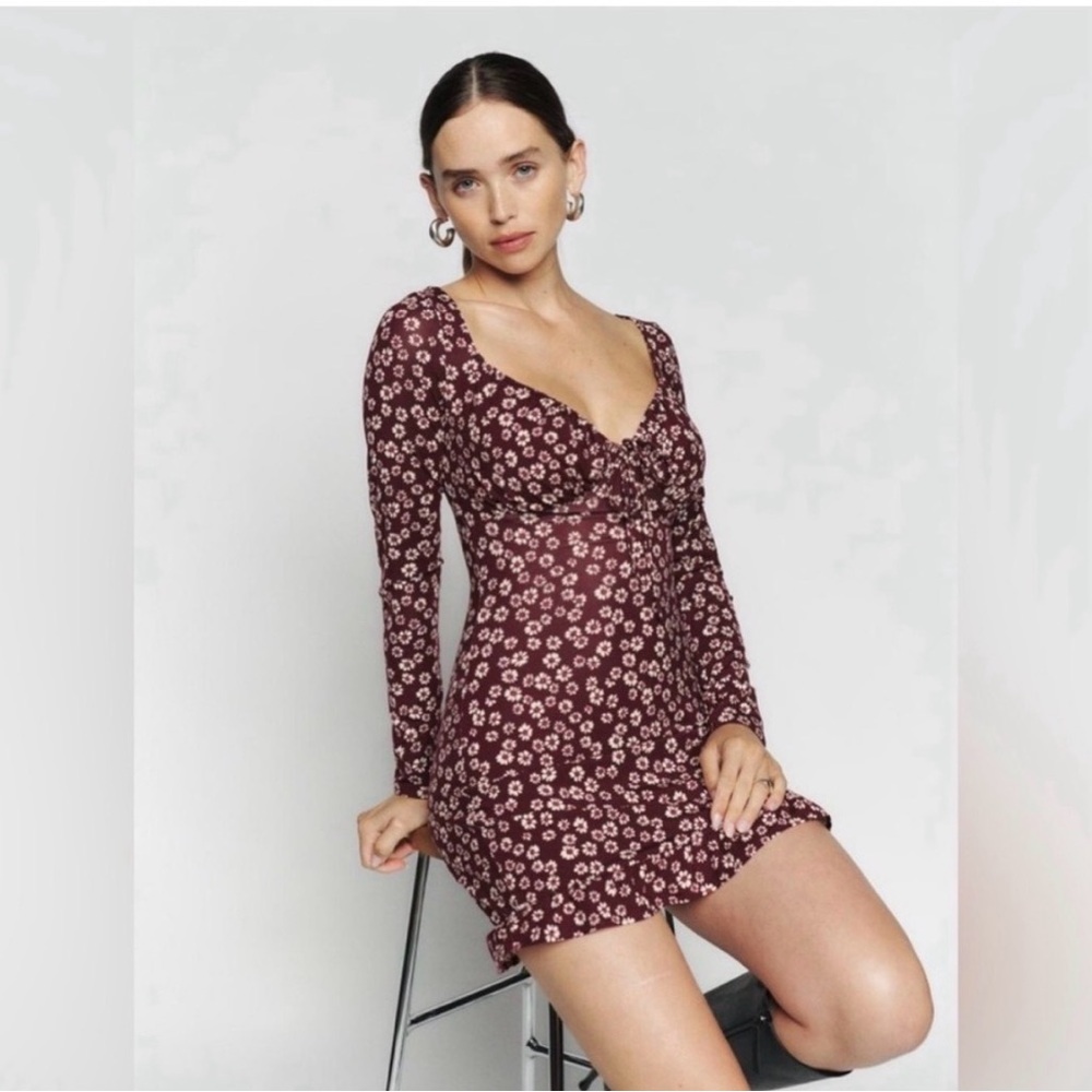 NWT Reformation Angelique Floral Mini Dress XS Burgundy Long Sleeve Square Neck